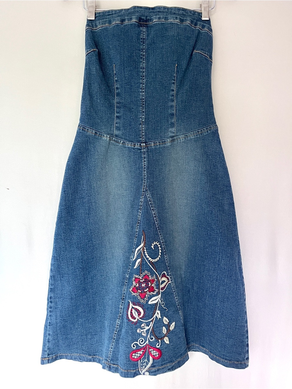 Vintage Hot Kiss Strapless Denim A-Line Dress with Floral Embroidery Size S
